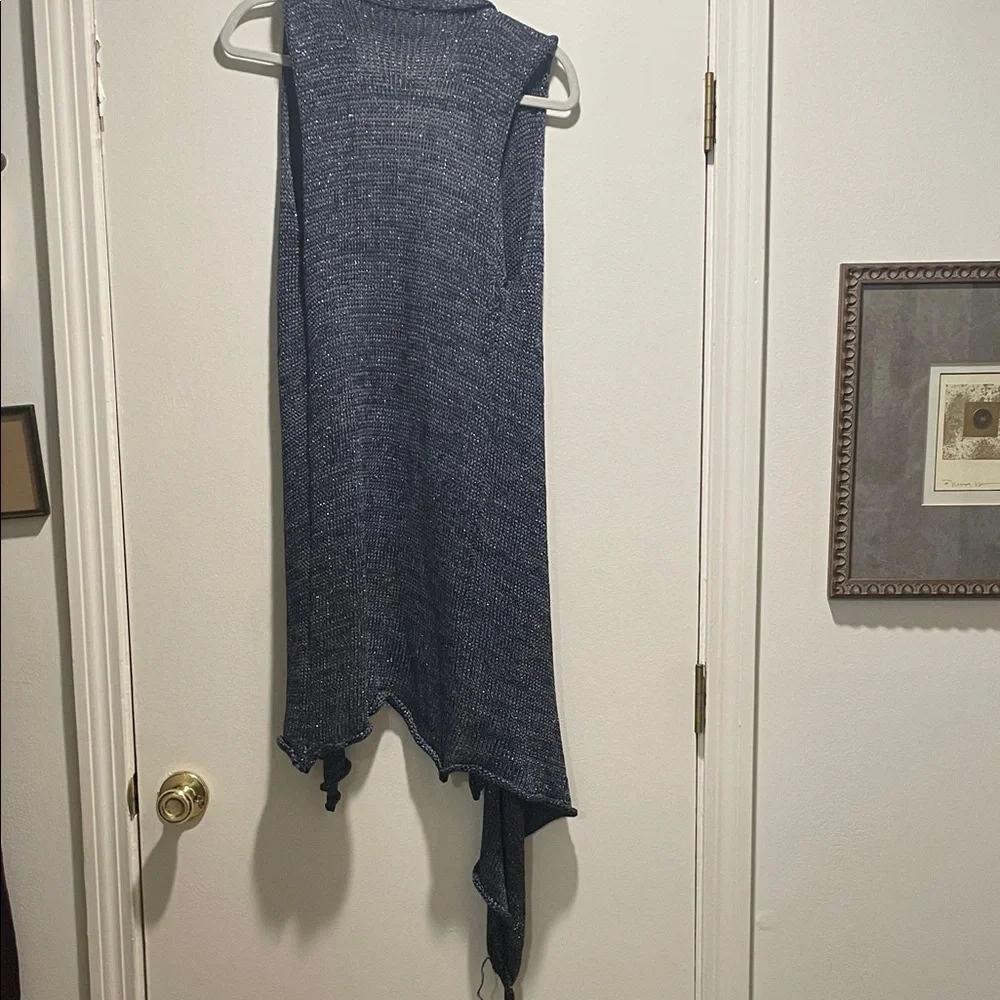 Skif Skifo Metallic Threaded Navy Open Front Lagenlook Asymmetrical Cardigan